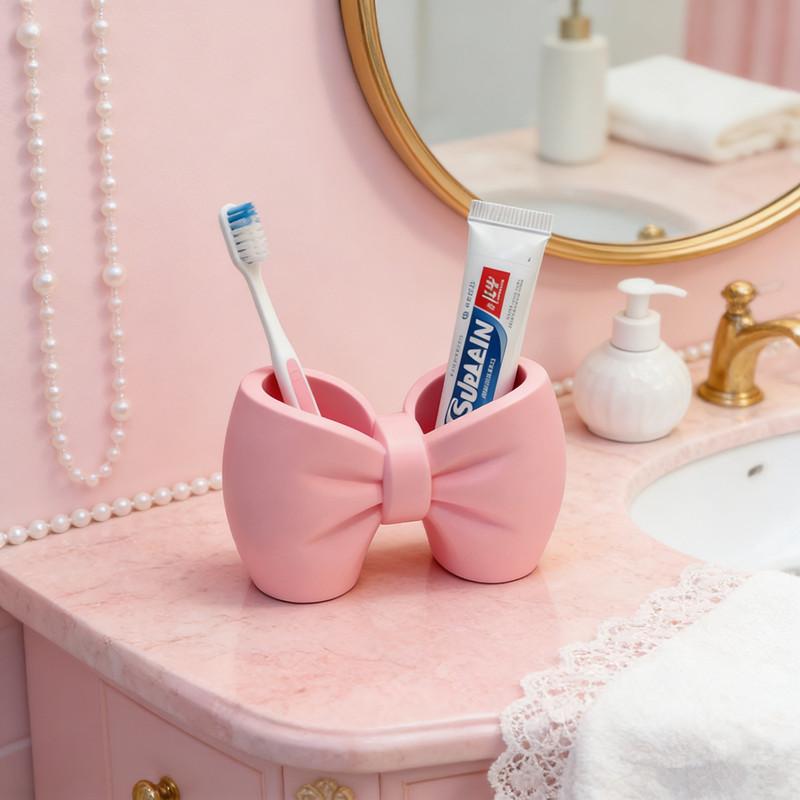 Creative Bow Pen And Toothbrush Holder | Plastic, Freestanding, Ideal For Bedroom And Bathroom Decor, Bathroom Accessories