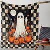 Cute Ghost Pumpkin Checkered Pattern Flannel Throw Blanket Soft Warm Fleece Bed Sofa Cover,Cozy Halloween Decorative Bedding for Autumn Home Gift