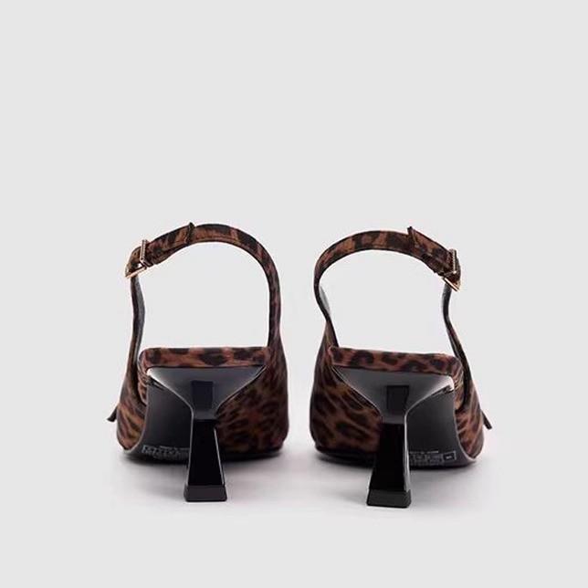 Leopard High Heels Ladies Pointed Toe Slingback Sandals Summer Plus Size Women Comfort Low Heel Office Pumps Elegant Dress Shoes