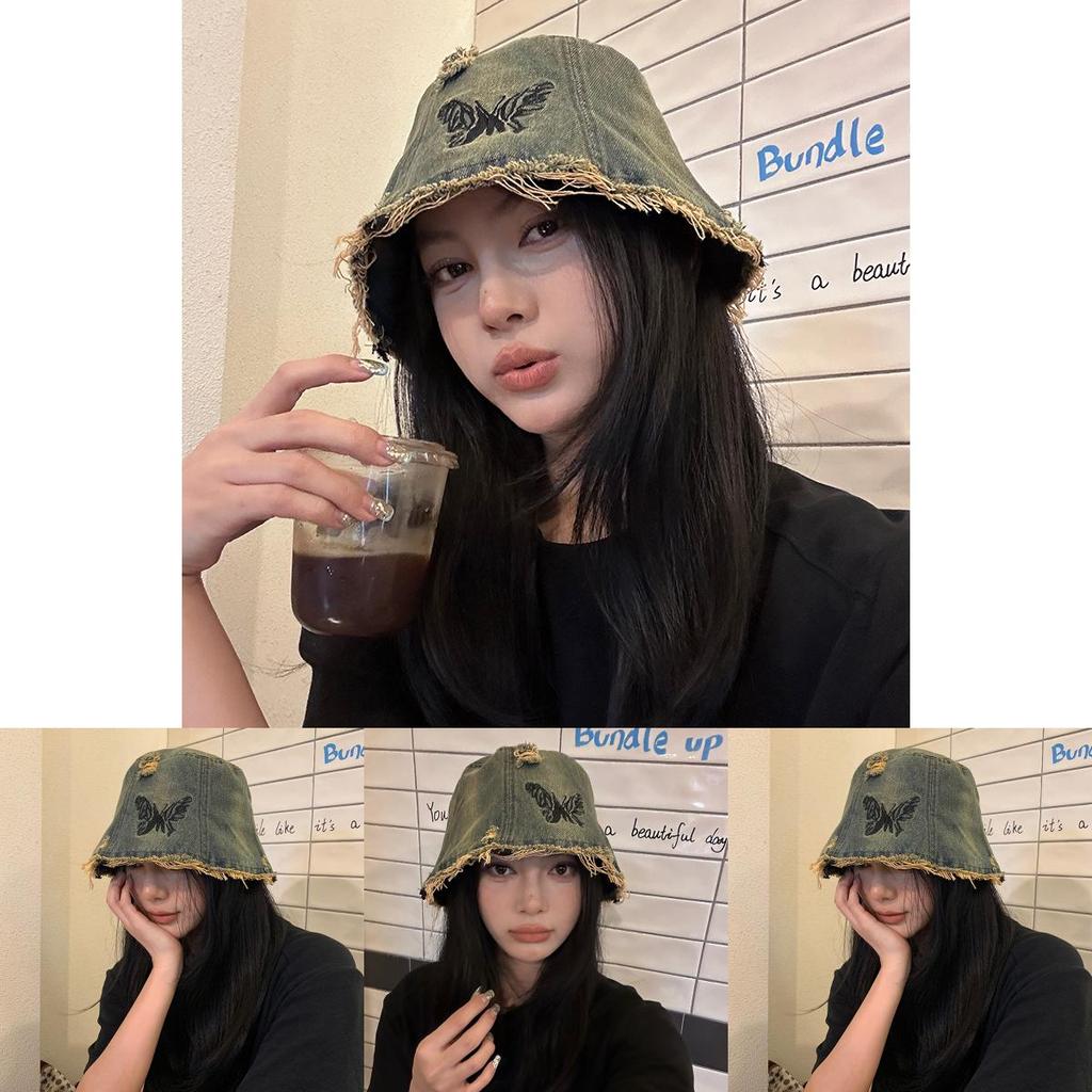 Trendy Retro Embroidery Denim Fisherman Hat For Adults With Chic Butterfly Design