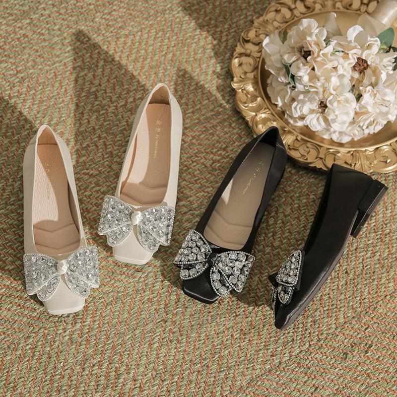 H263-5 Large Rhinestone Bow Square Head Women's Shoes Flat Sole One Pedal Casual Women's Shoes Satin Soft Sole Single Shoes Women