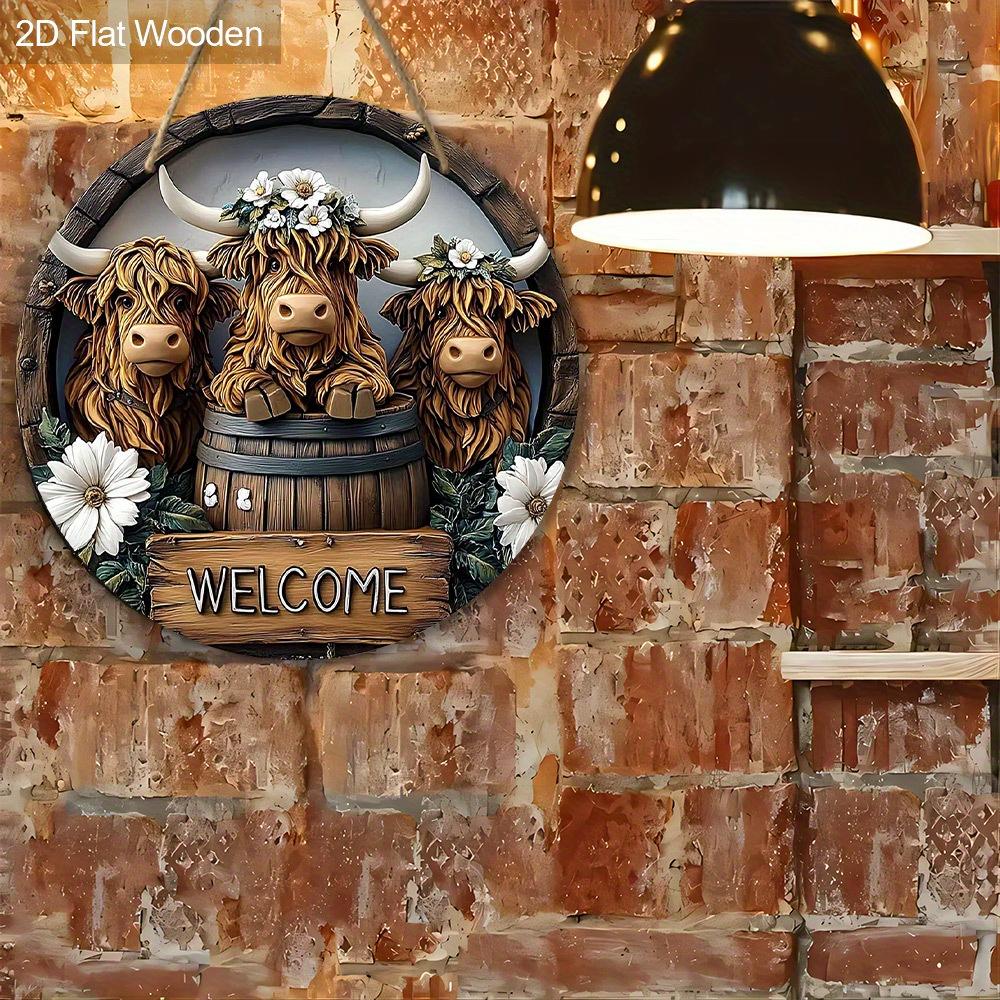 Retro Wooden Welcome Sign with Highland Cattle Design - Rustic Decorative Plaque for Farmhouse, Front Door, Herd Decorations