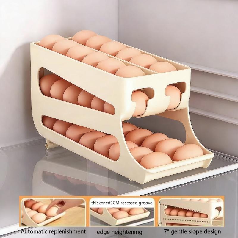 Double Layer Rolling Eggs Storage Container For Fridge With Automatic Slide Out Designs And Protective Eggs Trays