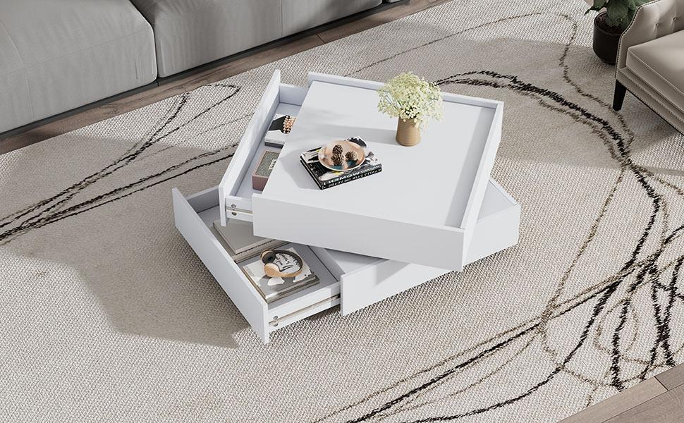 Functional Coffee Table for Living Room, 360 degrees Rotatable, Rotating Tabletop with 2 Shelves and Storage Space, Side Table Frame Pure White