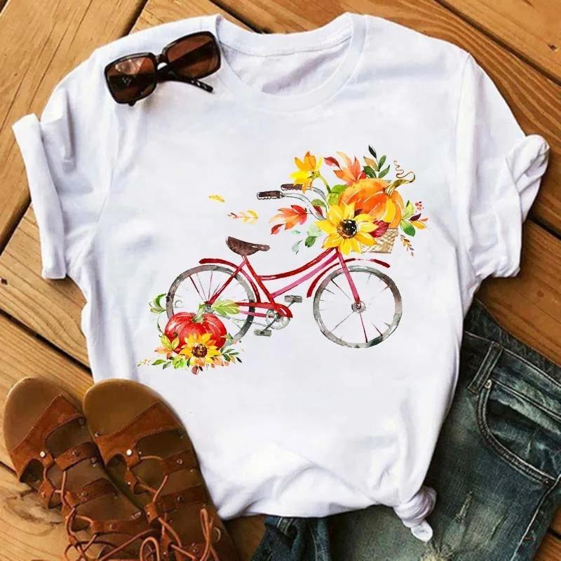 Bicycle Flower Print Tshirt Short Sleeve Round Neck Womens Dress Tops Graphic T Shirts Aesthetic Aesthetic Clothes Kawaii