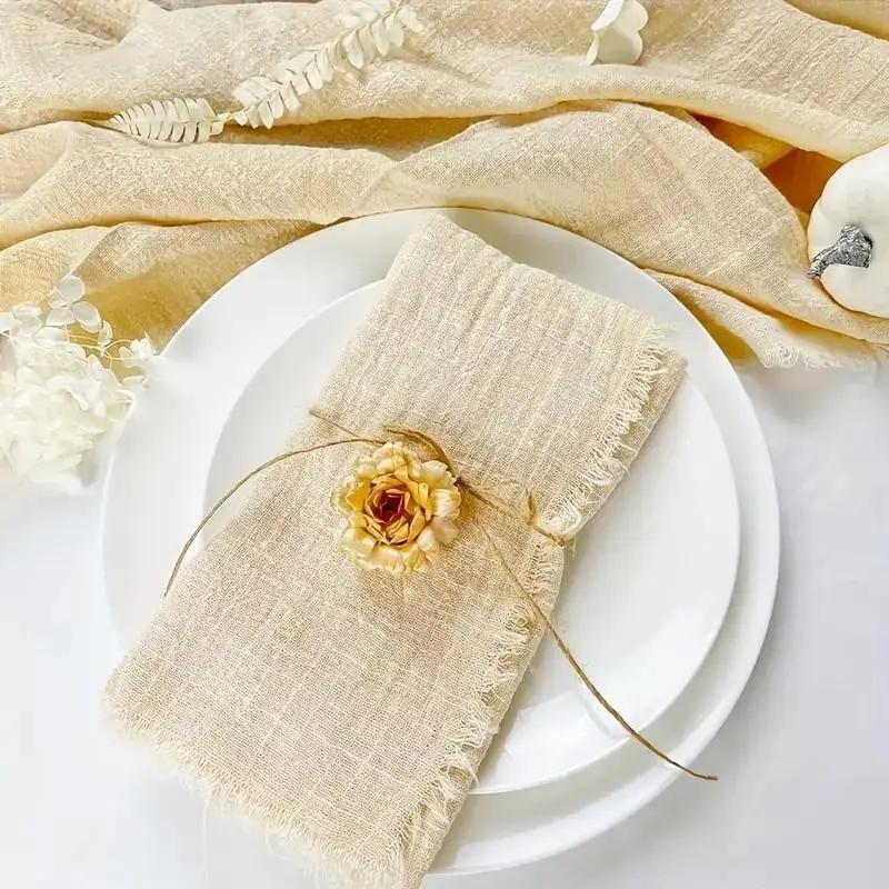 10Pcs 32x32cm Handmade Cloth Napkins with Fringe, Delicate Rustic Decorative Table Napkins for Wedding/Dinner/Party