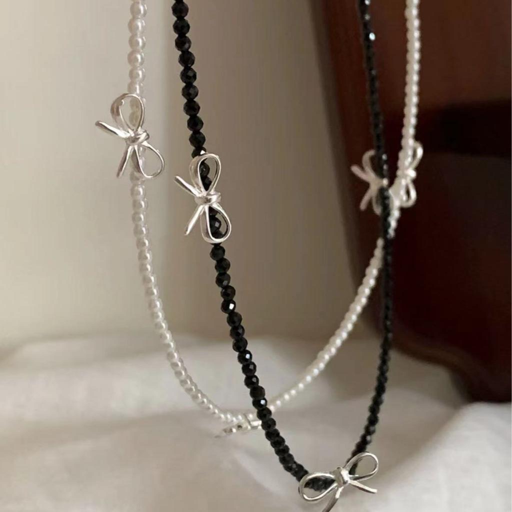 Fashion Sweet Bow Pearl Necklace for Women Girls Sparkling Delicate Ribbon Bowknot Beaded Chain Chokers Party Jewelry Gift