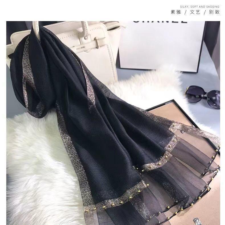 Bufanda Nueva para Mujer Chal Fino con Cuentas Color Sólido Alambre Dorado Bufanda de Gasa Personalizada Bufanda de Seda Imitación Primavera y Otoño