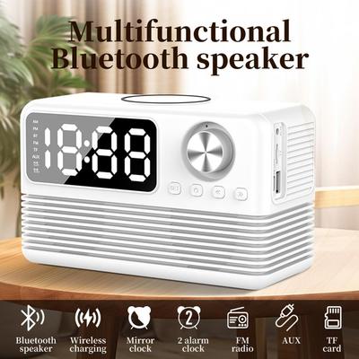 Głośnik Bluetooth z ładowaniem bezprzewodowym w stylu retro, budzik, radio FM, głośnik na biurko/przy łóżku, odtwarzacz kart TF, głośnik komputerowy