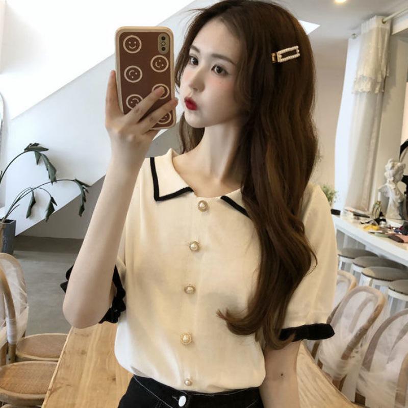 Women's Short Sleeve Lace Knit Top - Color Block, Gentle Summer Doll Style