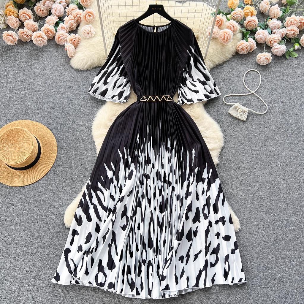Summer Beach Leopard Print Miyake Oversized Dress Women Clothing Flare Sleeve Belt Big Swing Pleated Loose Long Robe