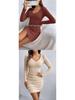 2026 European & American Slim-Fit Ribbed V-Neck Long-Sleeved Hip-Hugging Dress for Spring & Autumn