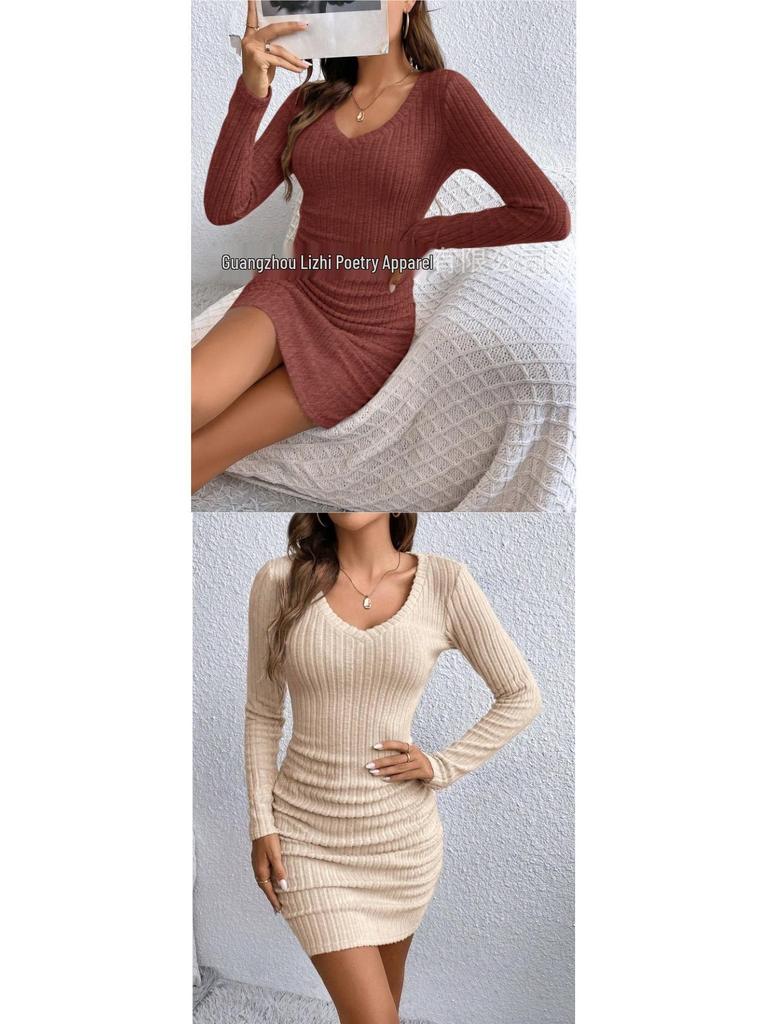 2026 European & American Slim-Fit Ribbed V-Neck Long-Sleeved Hip-Hugging Dress for Spring & Autumn