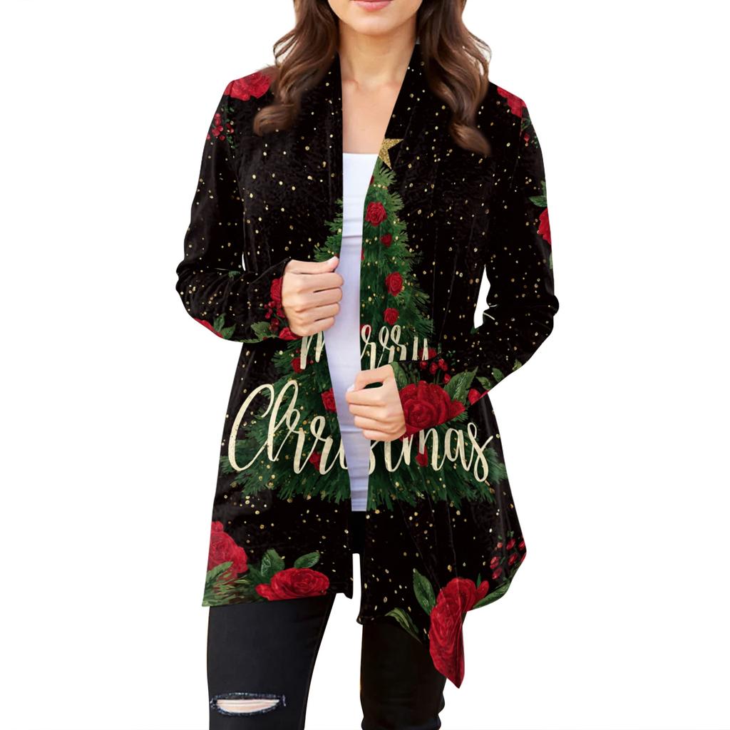 Women's Fashion Casual Christmas Printed Mid-Length Irregular Hem Cardigan Jacket