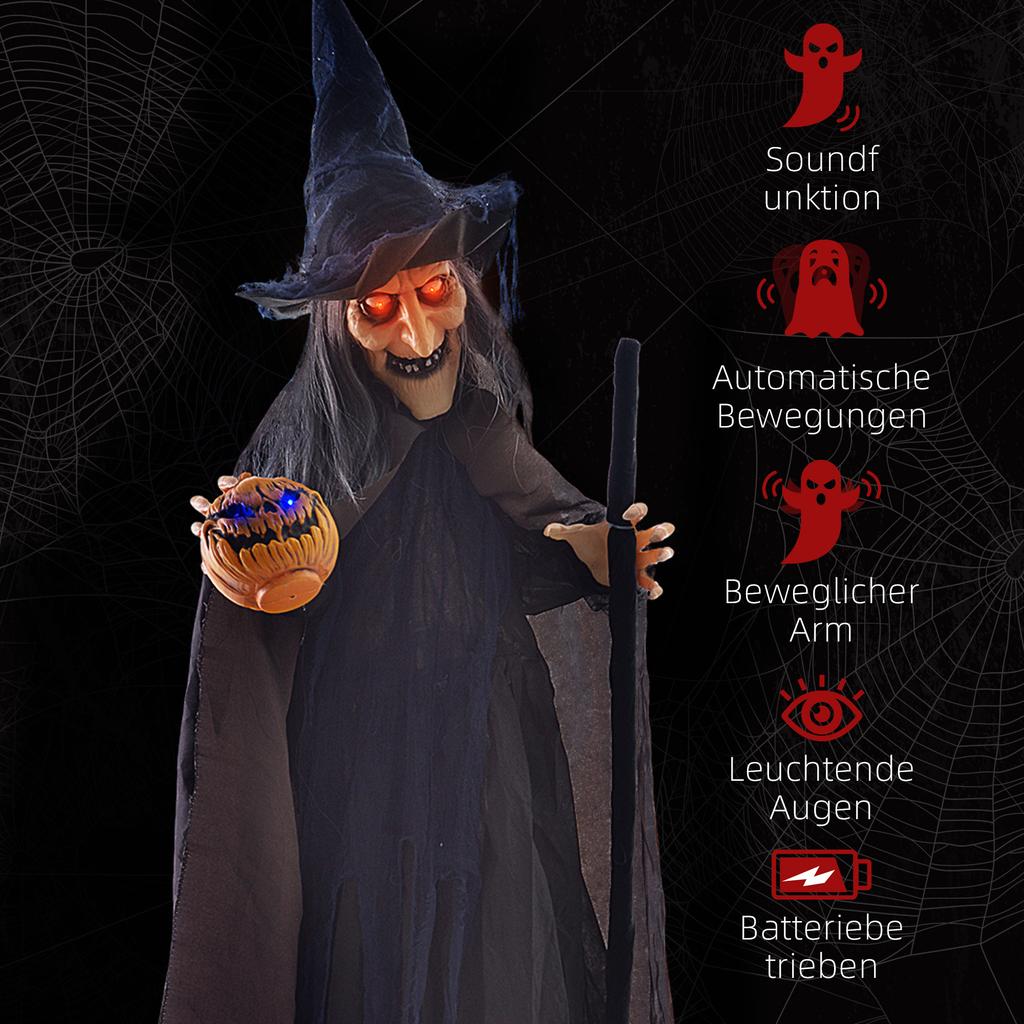 Bruxa de 1,88m com Vassoura Halloween Animatrônica, com Olhos Brilhantes
