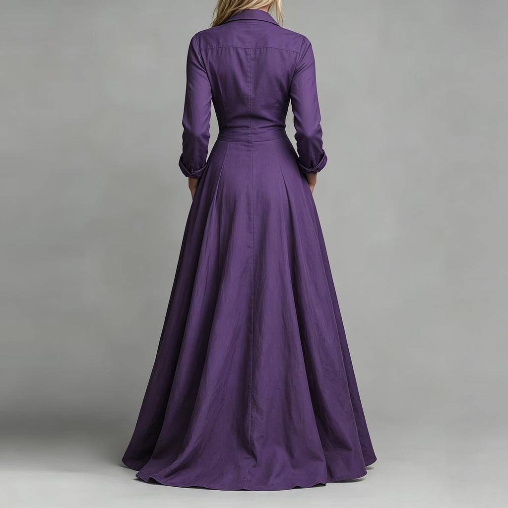 Women Long Sleeve Shirt Dress High Waist Flared Maxi Dress Button Down Front Collared Casual Dress with Pockets