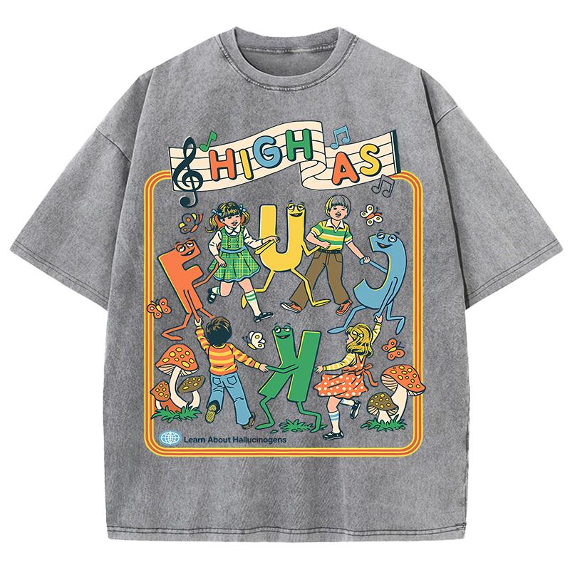 Happy Playing Children Pattern Retro T-Shirt Men Summer Soft Clothing Trendy Crewneck Washed Tops Oversize Cotton Streetwear