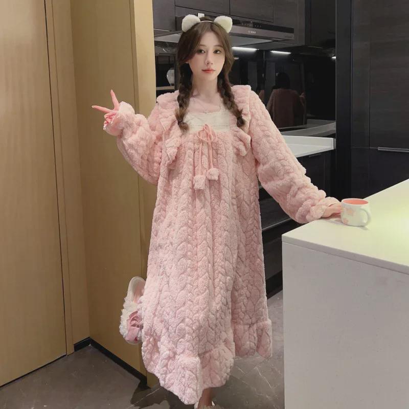 Cămașă de noapte din flanel pentru femei, mărime mare - cu mâneci lungi, drăguță, croială lejeră pentru toamnă/iarnă (Până la 200 lbs).