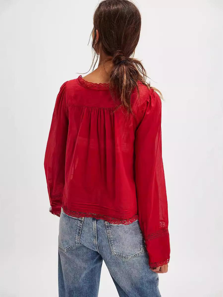 Women s Long Sleeve Lace Trim Blouse with Tie Front Detail S