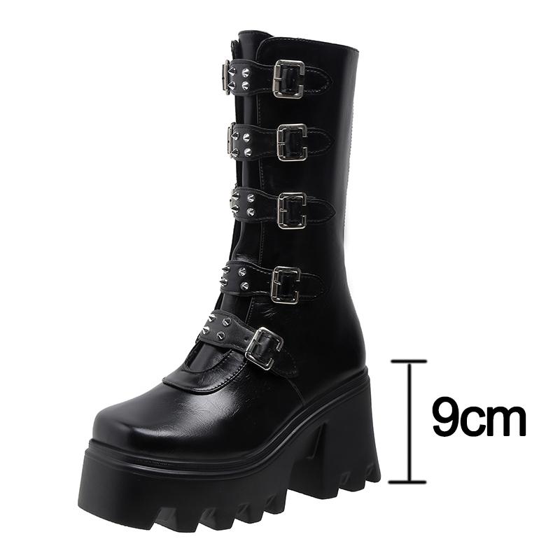 Fashion Women's Gothic Chunky Heel Mid Calf Boots Metal Buckle Strap Platform Punk Boots Woman Thick Bottom PU Leather Motorcycle Shoes