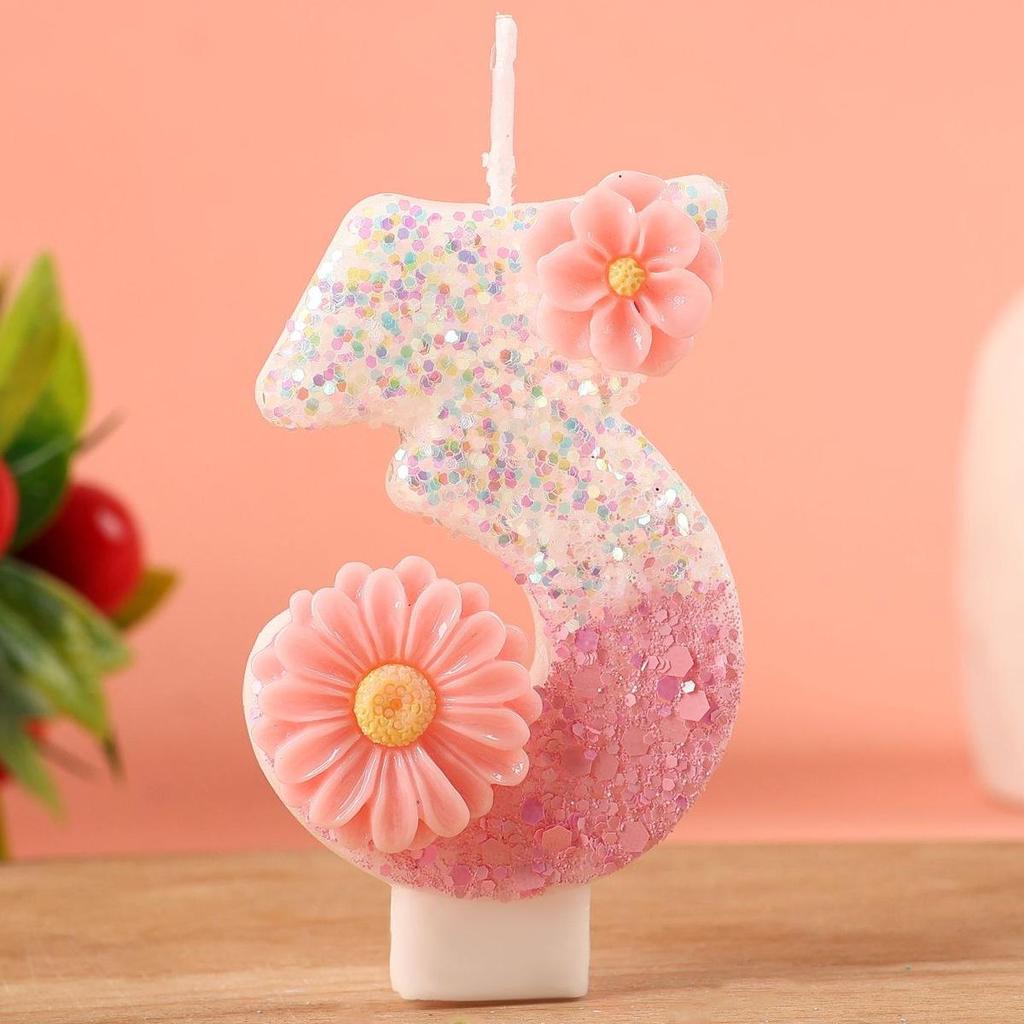 Pink Flower Number Candles for Birthday Cake Decoration Party Supplies