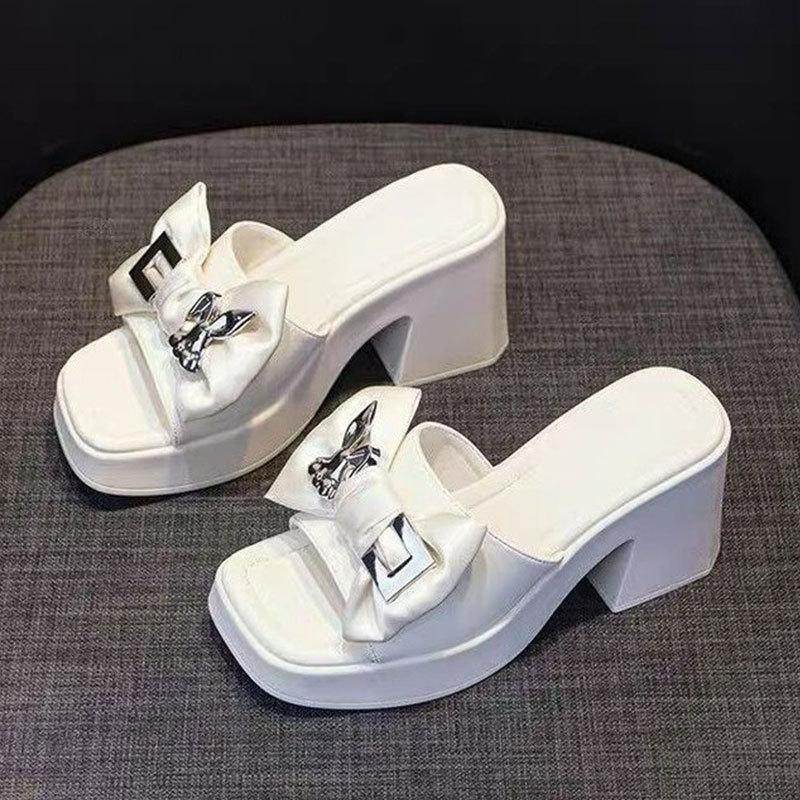 

Super fire thick heel thick bottom beach lazy one-word drag women summer wear 2025 new Internet celebrity high heel cool slippers 40 бежевый