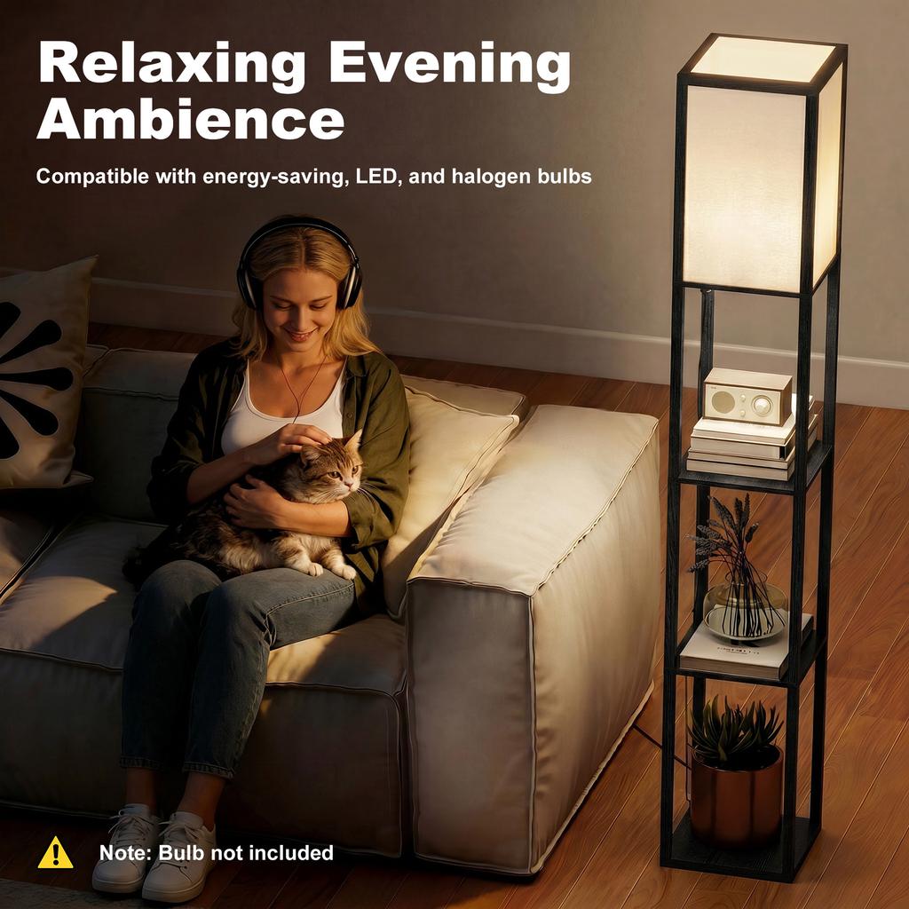 Floor Lamp With Shelves 3 Layer Column Modern Standing Lamp For Living Room Bedroom Office Bulb Not Included Black