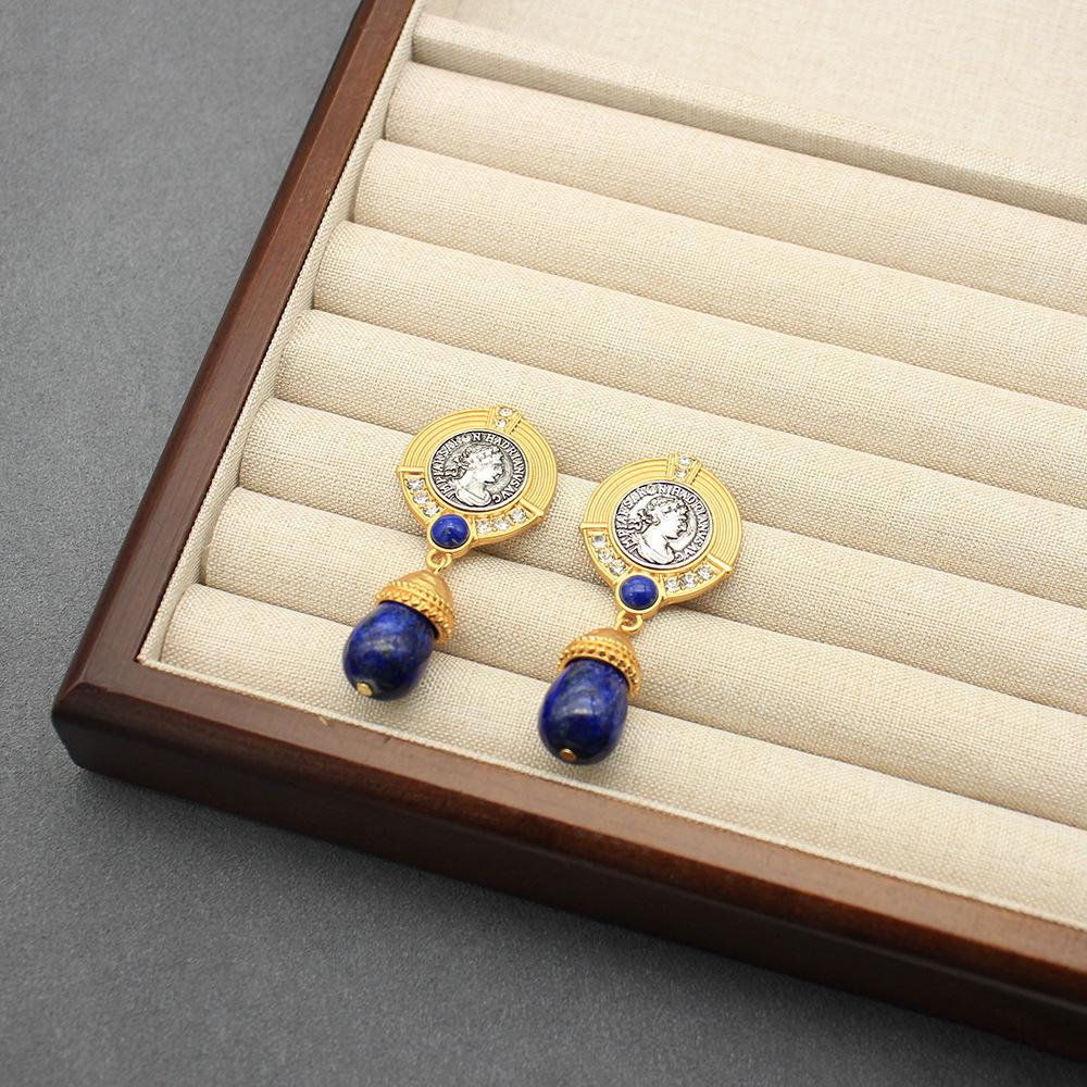Vintage Silver Needle French Portrait Pearl & Lapis Lazuli Stud Earrings - Luxurious High-End Accessories for Women