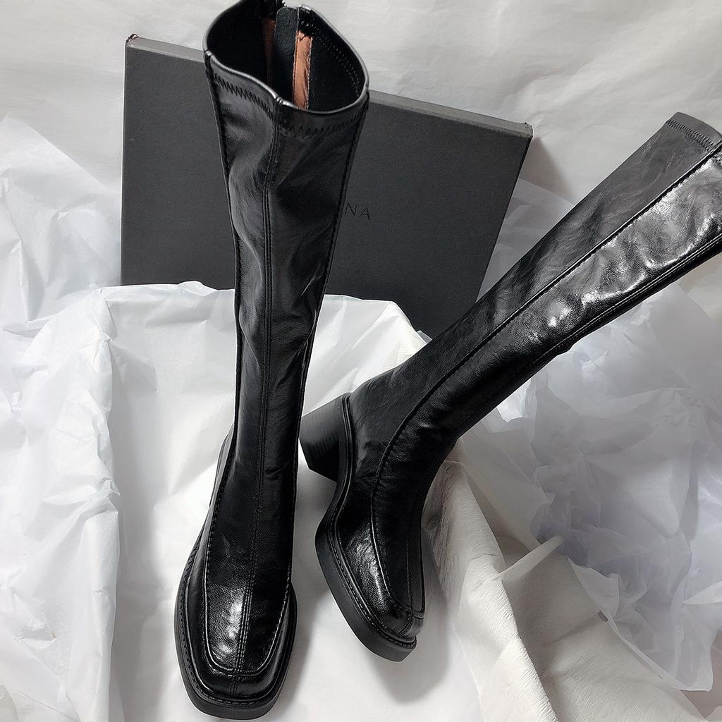 Autumn Winter New High-heeled Women's Boots, Square Toe Elastic Boots, Thick Heel Knee High Boots