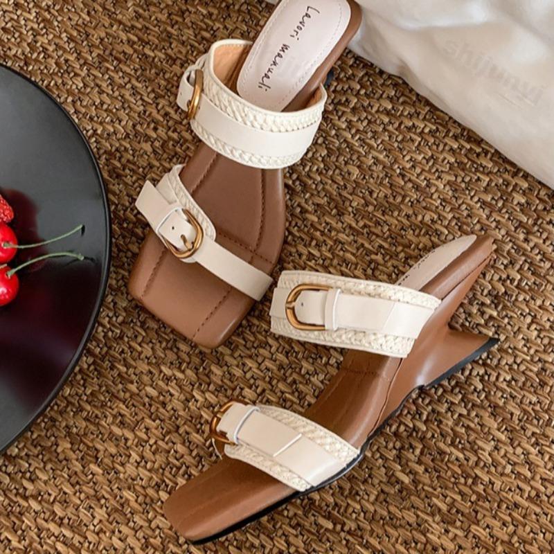 Fashion French Style Wedge Casual Sandals for Women 2025 Summer New Retro Style Belt Buckle Exposed Toe Comfortable High-heeled Slippers