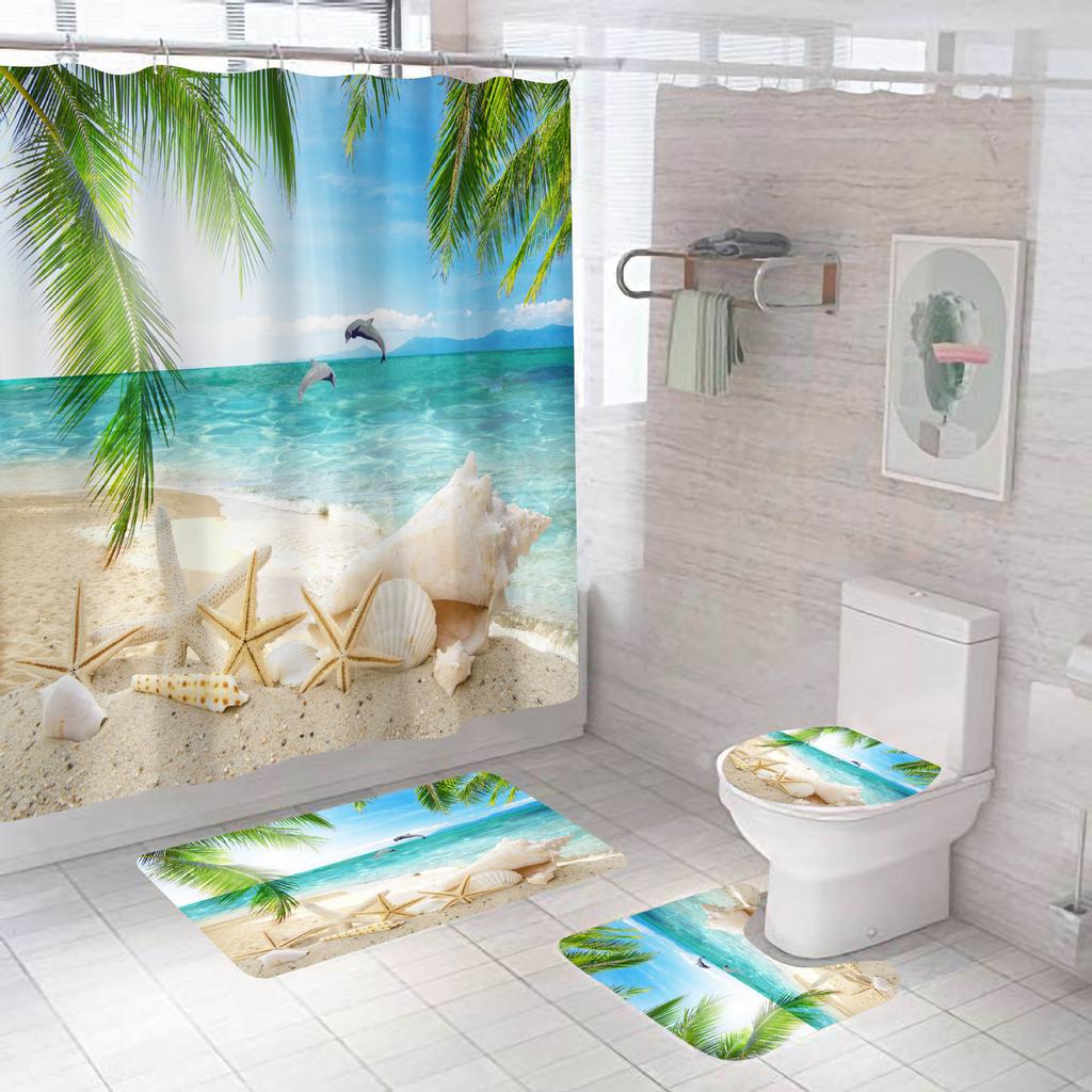 Bathroom Shower Curtain Four-piece Digital Printing Beach Shell Waterproof Shower Curtain Shower Curtain Partition Curtain Bath Mat
