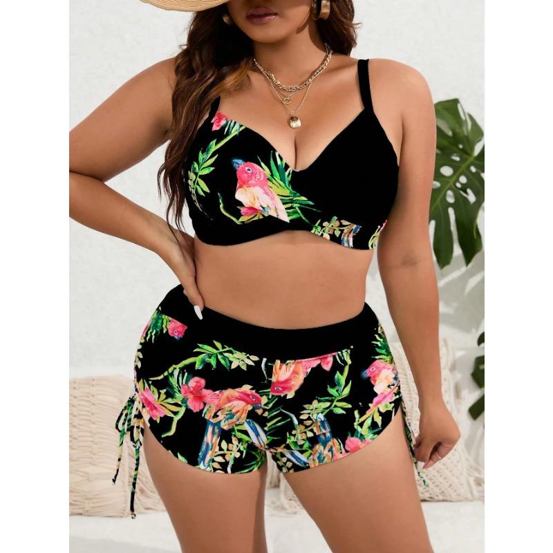 

Женские купальники двойки больших размеров 2025 с принтом, купальники с высокой талией, комплект бикини пуш-ап, женственные бикини, купальные костюмы L чёрный