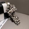Large size leopard print cool slippers women's summer new European and American pleated beaded square head one-word flat slippers