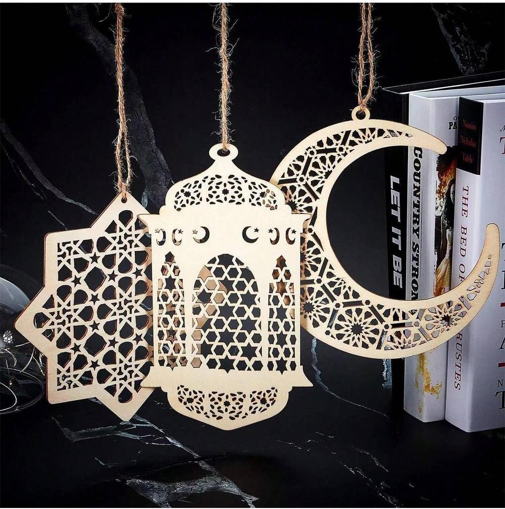 3 Pieces of Wooden Pendant Jewelry, Decorated with Moon, Stars, Wind Chimes, Can Be Used for Eid Al Fitr Decoration