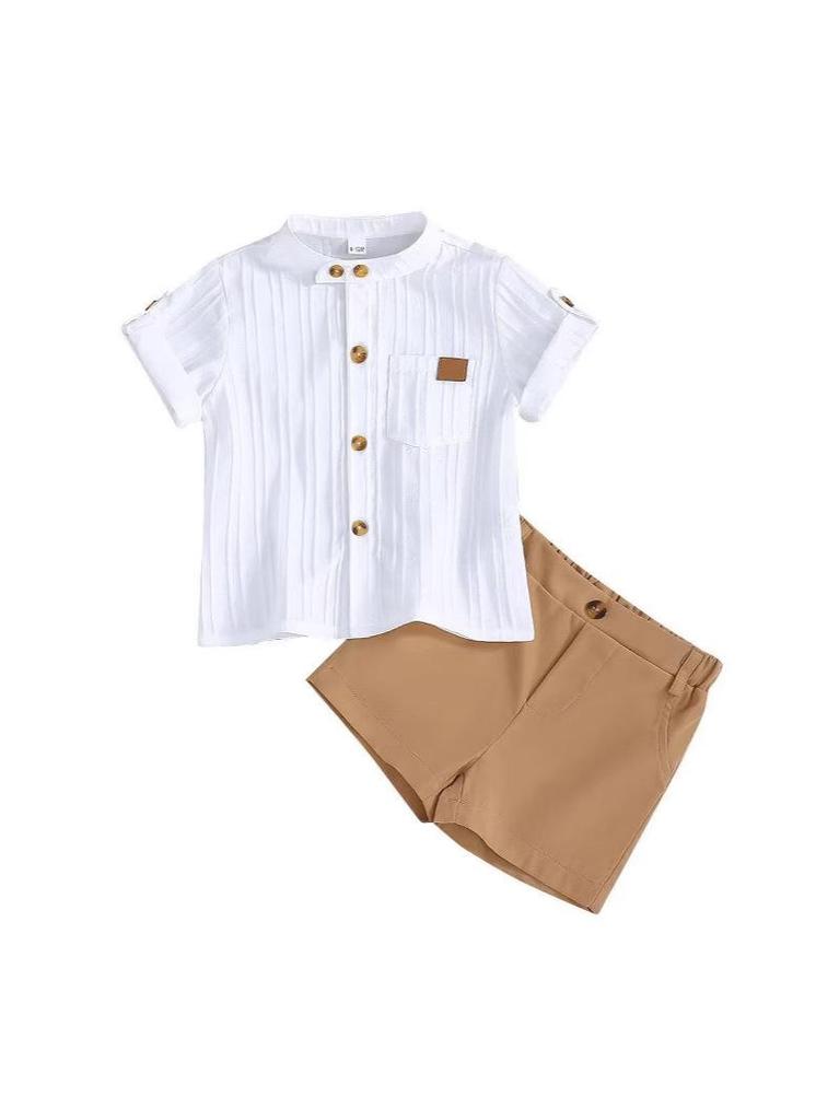 Boys' White Stripe Short-Sleeve Shirt & Khaki Shorts Set (2025 Spring/Summer Collection)