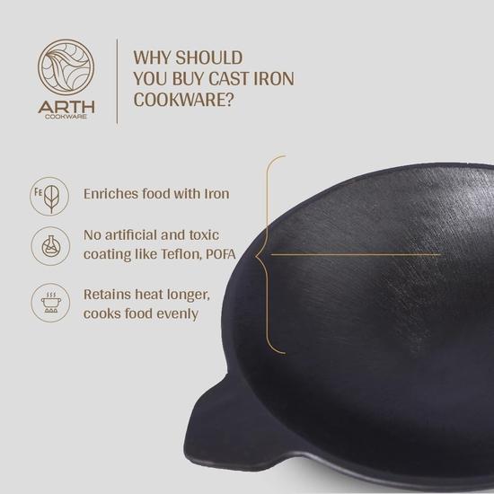 Arth 8.5-Inch Pre-Seasoned Cast Iron Appam/Omelette Pan - Appakal| 100% Chemical and Toxic Free | 22 Cms Diamemter, 1.8 Kg | Long Lasting
