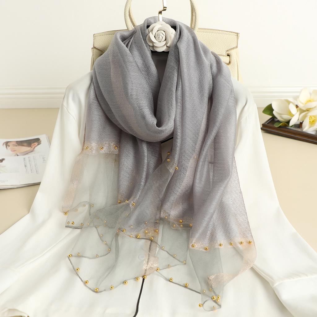 Solid Beading women scarf summer silk scarves lady shawl wrap hijab foulard female bandana pashmina Pearl jewel headband