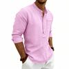 Linen T-Shirt Men Henley Neck Pocket Casual Beach Long Sleeve Solid Color Male Tops Vintage Streetwear TShirts