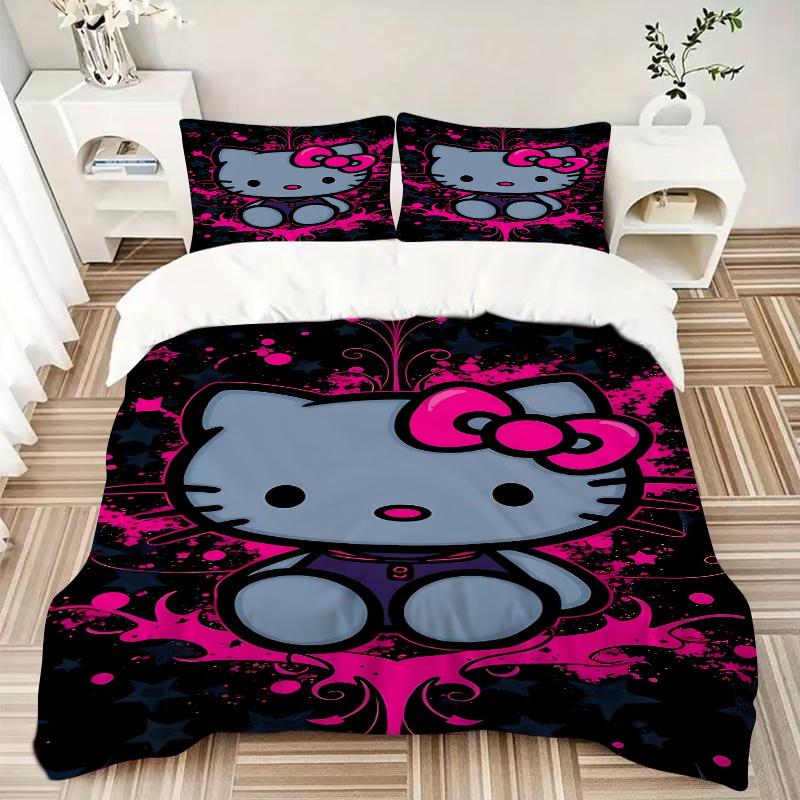 3pcs Cute and Fashion Hello Kitty Bedding Set Includes Quilt Cover and Pillowcases, Suitable for All Seasons, Machine Washable Ideal Gift S009