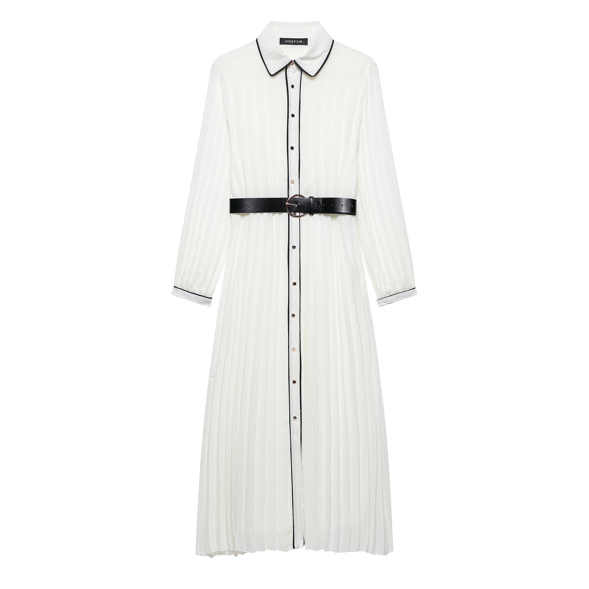 

European & American Women s 2025 Summer Color Block Belted Pleated Long Dress L белый