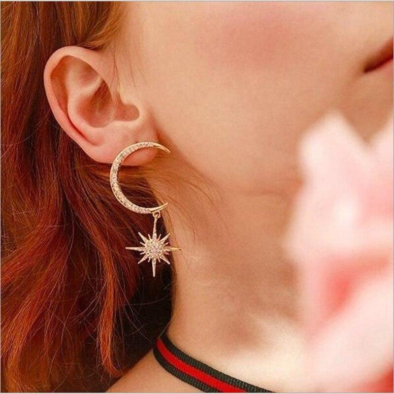 Noua sosire Bijuterii de modă 925 argint și aur roz umplut Pave alb clar AAA zirconiu cubic cercel cu stea lunii cercel suspendat pentru femei