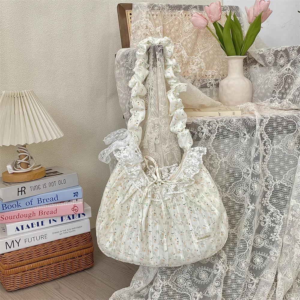 Sweet Lace Bow Female Tote Commuter Underarm Bag Rose Floral Women's Shoulder Bags Pleated Strap Girls Flower Crossbody Bag