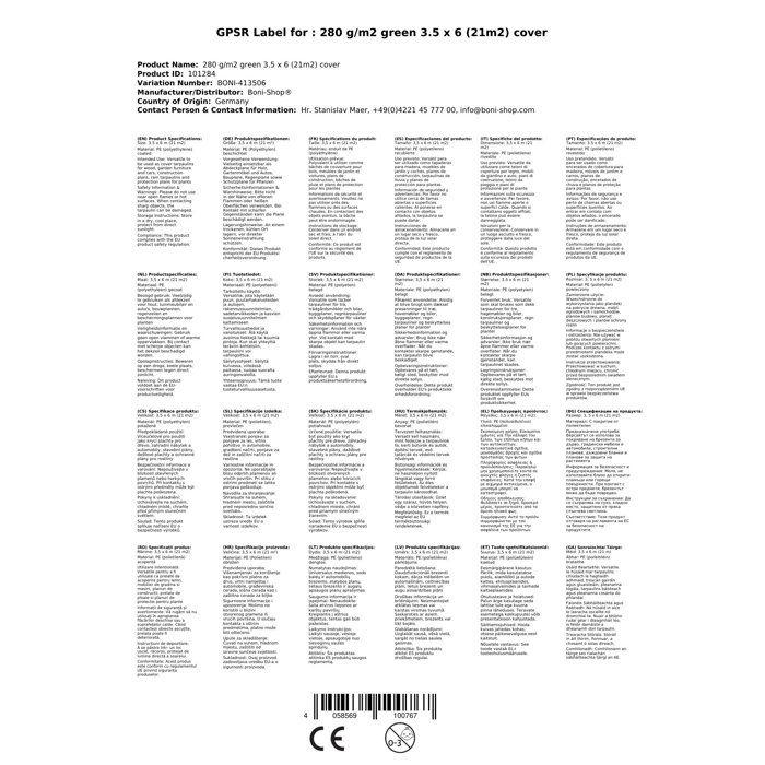 Bâche de protection 280g/m², bâche étanche verte, 3,5 x 6 m (21m²)