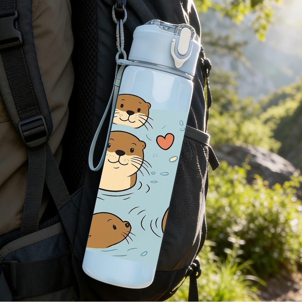1PC Cute Otter Couple Animal Pattern 750ml Color Plastic Sports Water Bottle Leakproof Flip Straw Lid Suitable for Sports Office Home Use