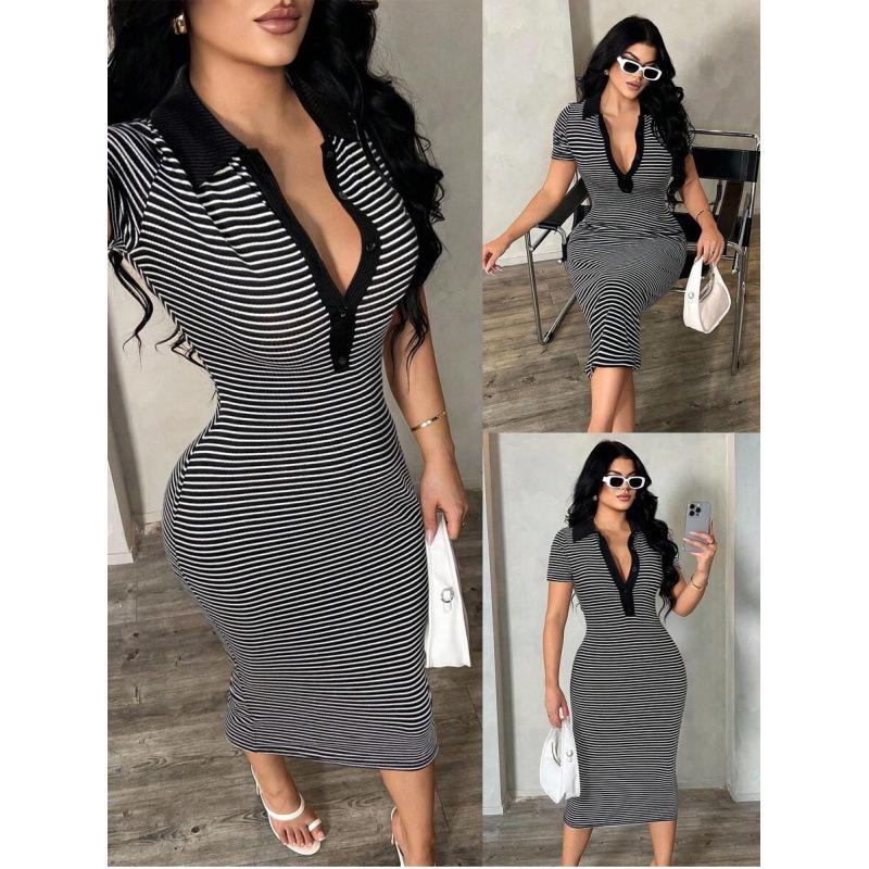 2026 Summer Women s Elegant Striped Button-Down Dress Large