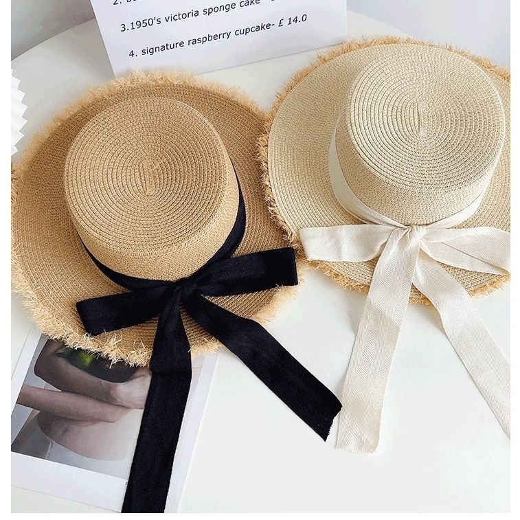 Flat Top Burr Straw Hat Women's Summer Seaside Vacation Beach Sunshade Sunscreen Hat Bow Big Brim Sun Hat