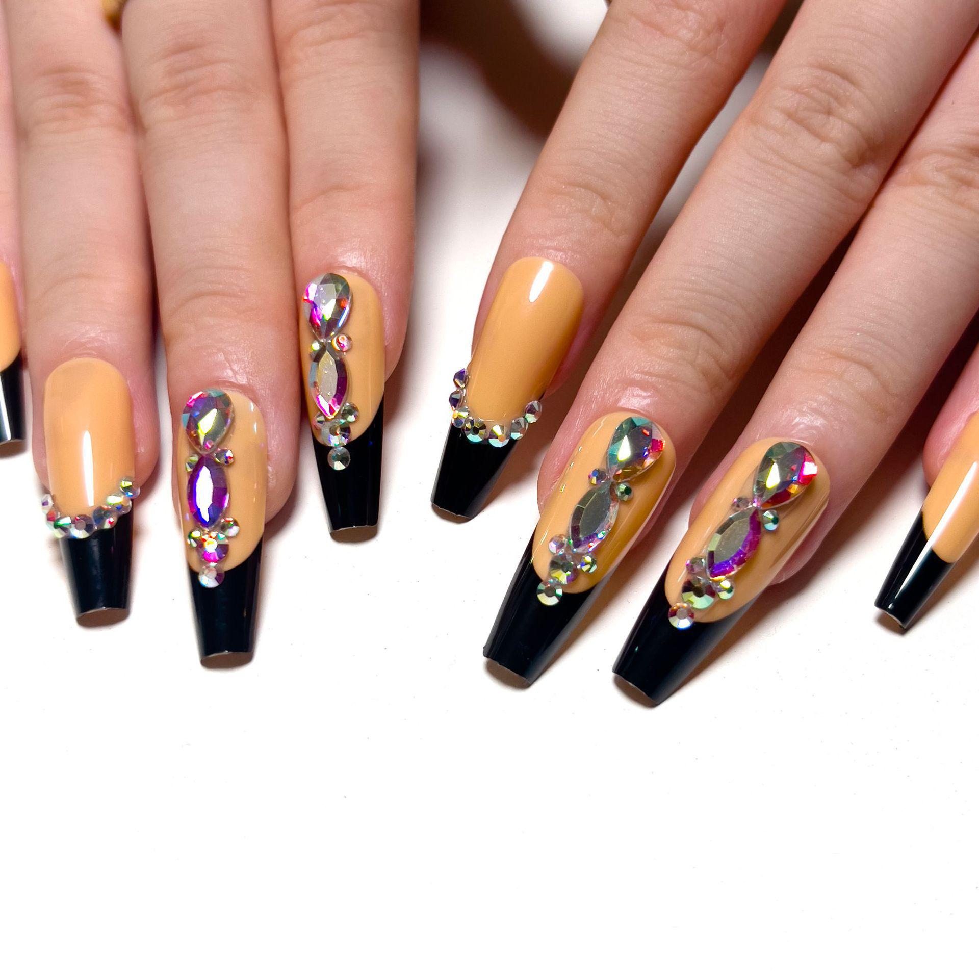 Black French Press-On Nails with Rhinestones - European & American Style JP2491【Glue】