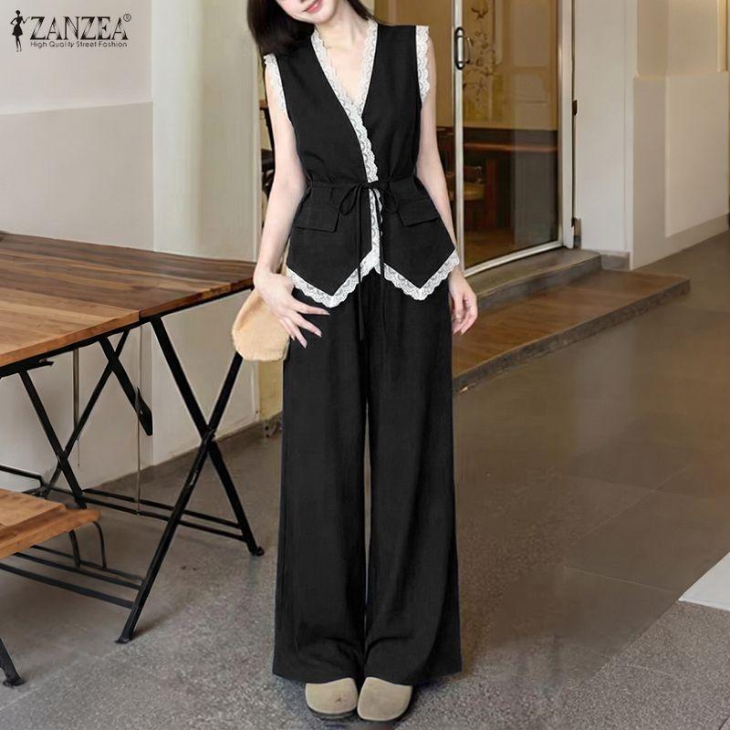 ZANZEA Women Sleeveless Lace Vest Tops and Pants Summer Two Piece Suit Sets