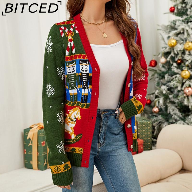 BITCED Fall/Winter Long-Sleeve Knit Cardigan Christmas Sweater Cardigan Color-Block Jacquard Christmas Sweater