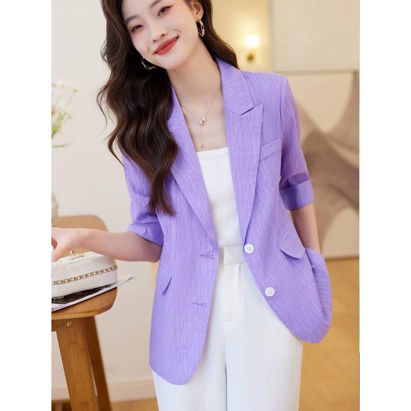 K-style Plus Size New Arrival Work Clothing Ol Two Buttons Thin Solid Color Half Sleeves Small Business Suit Coat Casual Chiffon Sun Protection Shirt